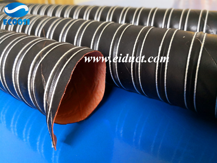 Ecoosi provide a flexible heating silicone hot air ventilation duct hose made of 2 Ply silicone glass fiber fabric.
