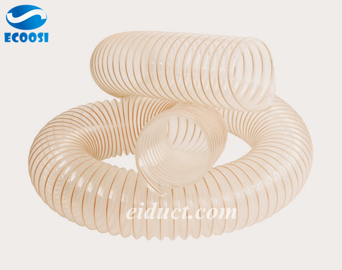 Ecoosi PU(Polyurethane) flexible ducting hose is produced by the raw materials of 100 polyester polyurethane (more abrasion resistance than polyether polyurethane)